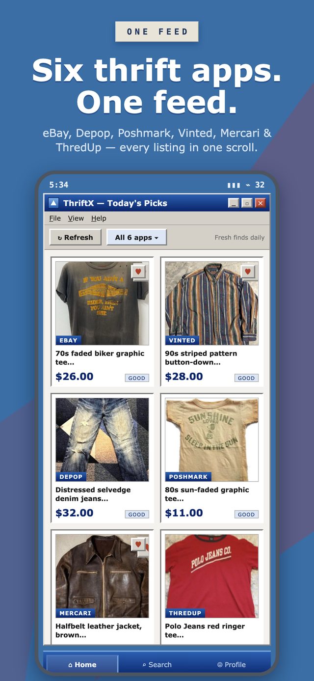 ThriftX home feed showing thrift listings from eBay, Vinted, Depop and Poshmark in one scrollable feed