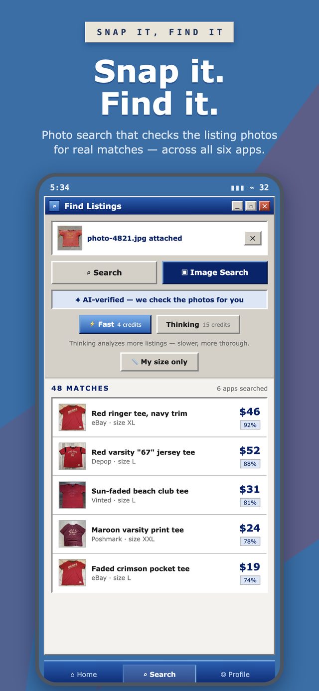 ThriftX photo search: snap a picture and AI finds matching secondhand listings across six marketplaces with match percentages