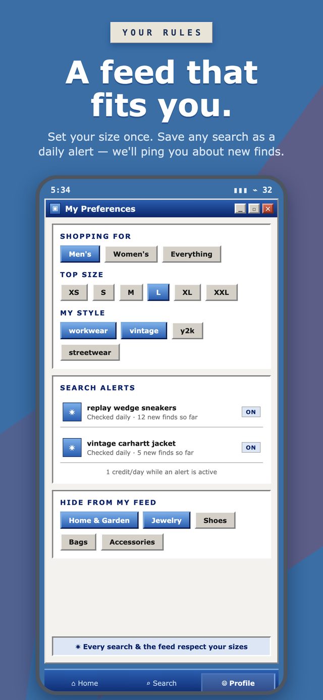 ThriftX preferences and daily search alerts: set your size once, save searches, get notified about new finds